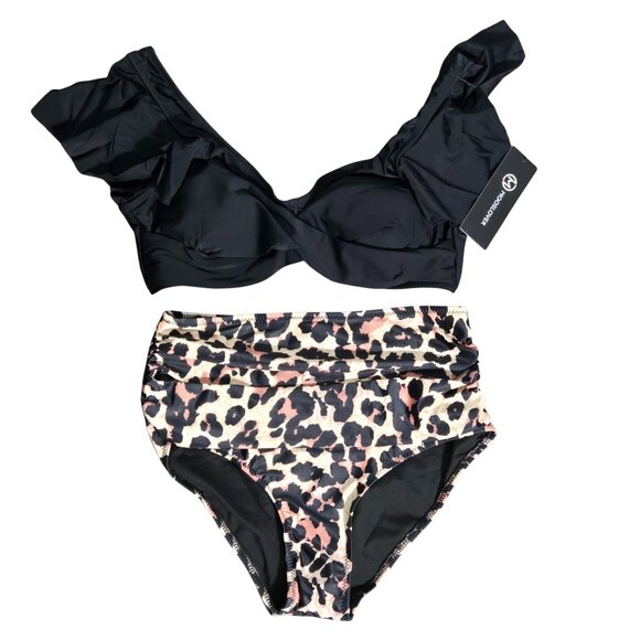 Other - NWT  2 Piece Leopard Print High Waisted Tummy Control Ruffle Off Shoulder Medium